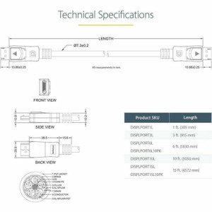 1FT DISPLAYPORT TO DISPLAYPORT CABLE WITH LATCHES