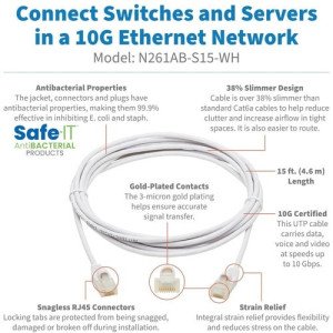 SAFE-IT CAT6A ENET CABLE ANTIBACTERIAL SNAGLESS SLIM MM 15FT