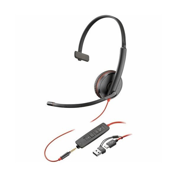 Poly Blackwire 3215 Monaural USB-C Headset + 3.5mm Plug + USB-C/A Adapter