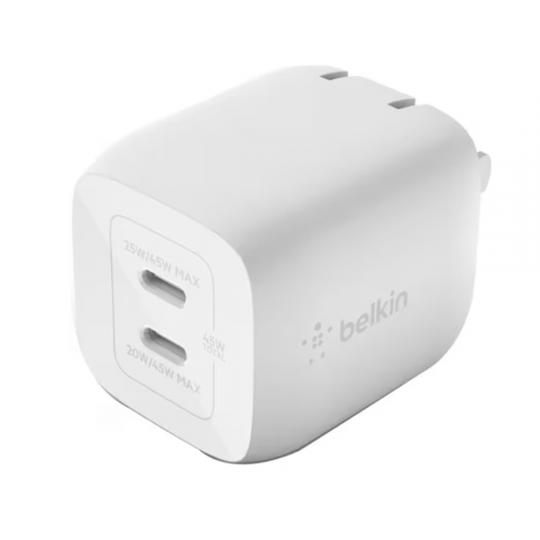 Belkin BoostCharge Pro Dual USB-C GaN Wall Charger with PPS 45W Laptop Chromebook Charging - Power Adapter - 45 W