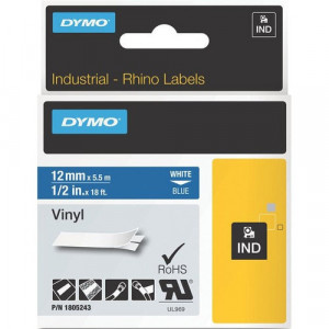 Dymo White on Blue Color Coded Label - 15/32" Width - Permanent Adhesive - Thermal Transfer - Blue - Vinyl - Water Resistant