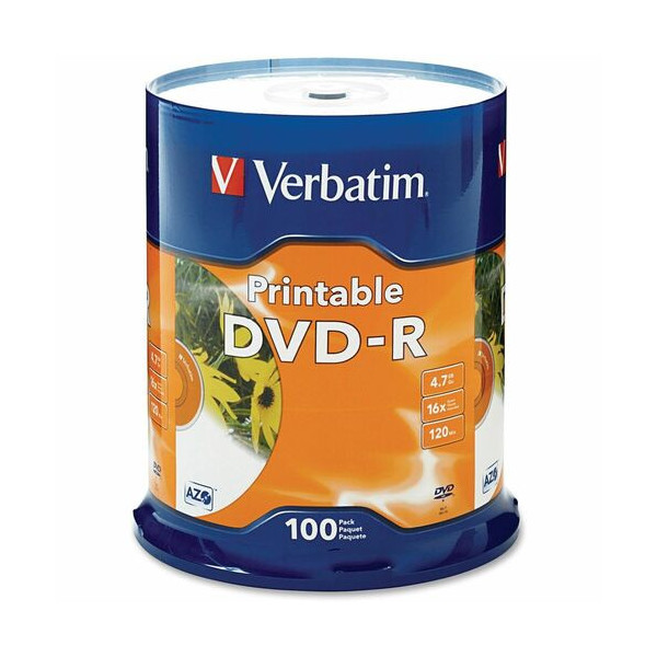 Verbatim DVD Recordable Media - DVD-R - 16x - 4.70 GB - 100 Pack - White - 120mm - Printable