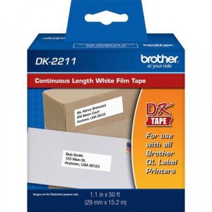 Brother Continuous Length White Film DK Tape - 1 9/64" Width x 50 ft Length - Removable Adhesive - Direct Thermal