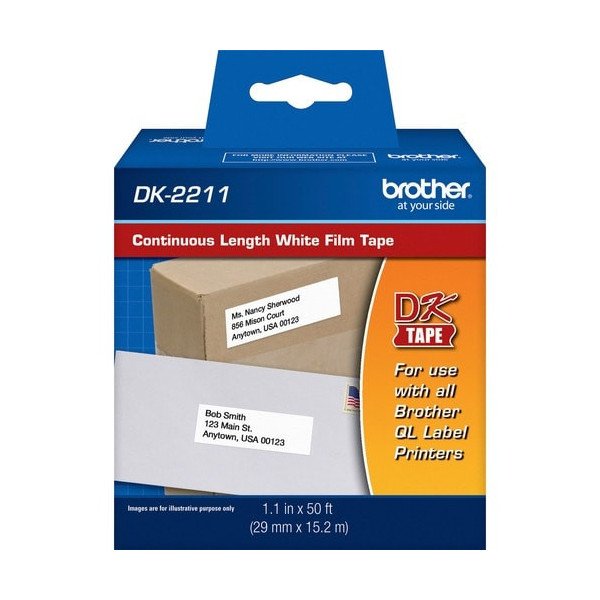 Brother Continuous Length White Film DK Tape - 1 9/64" Width x 50 ft Length - Removable Adhesive - Direct Thermal