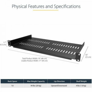 StarTech.com 1U Vented Server Rack Cabinet Shelf - Fixed 10in Deep Cantilever Rackmount Tray for 19" Data/AV/Network Enclosure