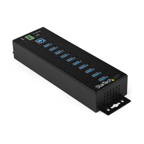 StarTech.com 10 Port USB Hub w/ Power Adapter - Metal Industrial USB 3.0 Data Hub - Din Rai
