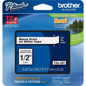 Brother P-touch TZe Laminated Tape Cartridges - 15/32" Width - Rectangle - White - 1 Each - Water Resistant