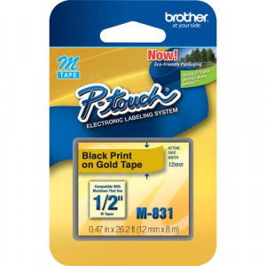 Brother P-touch Nonlaminated M Series Tape Cartridge - 1/2" Width - Rectangle - Gold, Black - 1 Each