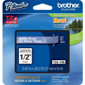 Brother P-touch TZe Laminated Tape Cartridges - 1/2" Width - White, Clear