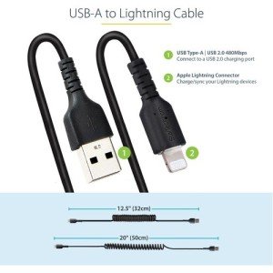 20IN 50CM USB TO LIGHTNING BLACK COILED CABLE